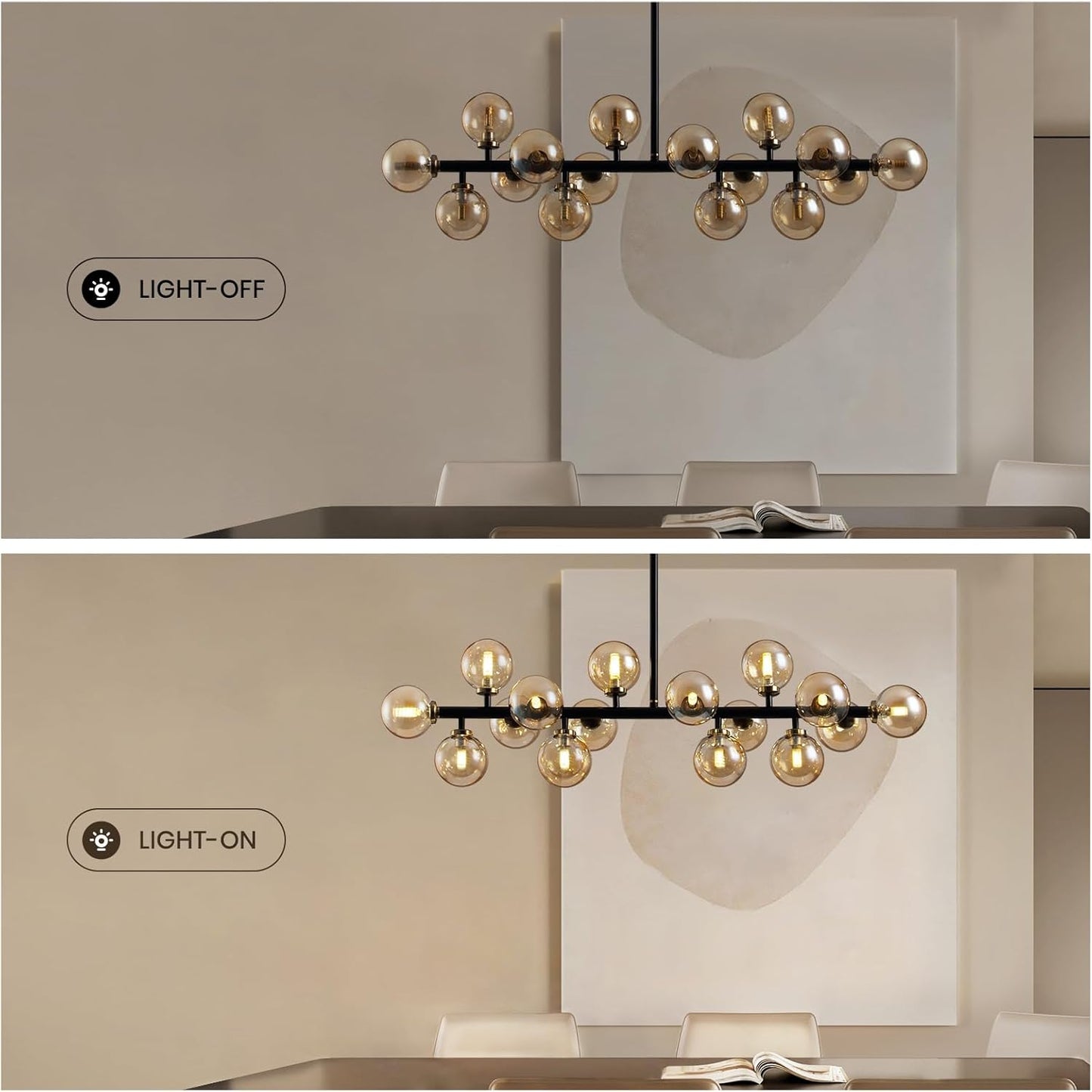 Mid Century Modern Chandeliers for Dining Room, 39" Linear Pendant Light Fixtures with Amber Glass Globe, 16-Light Sputnik Hanging Light for Living Room Kitchen Island
