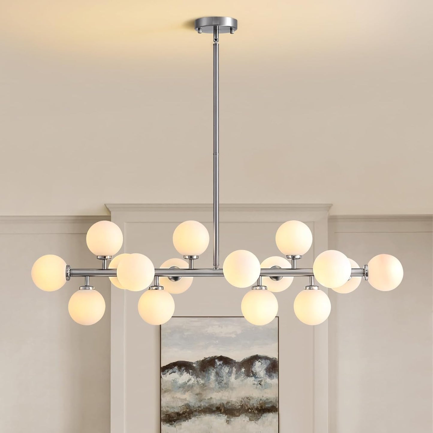 Mid Century Modern Chandeliers for Dining Room, 39" Linear Pendant Light Fixtures with Amber Glass Globe, 16-Light Sputnik Hanging Light for Living Room Kitchen Island