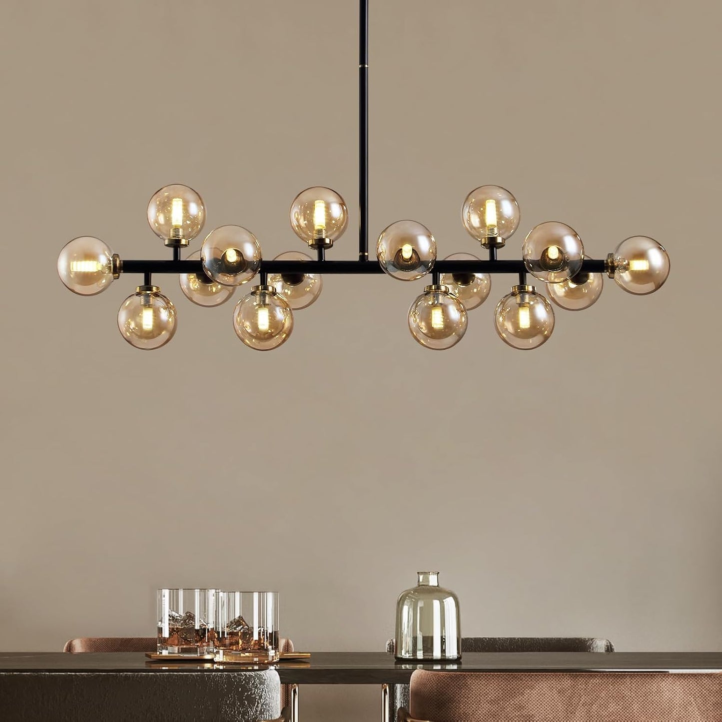 Mid Century Modern Chandeliers for Dining Room, 39" Linear Pendant Light Fixtures with Amber Glass Globe, 16-Light Sputnik Hanging Light for Living Room Kitchen Island