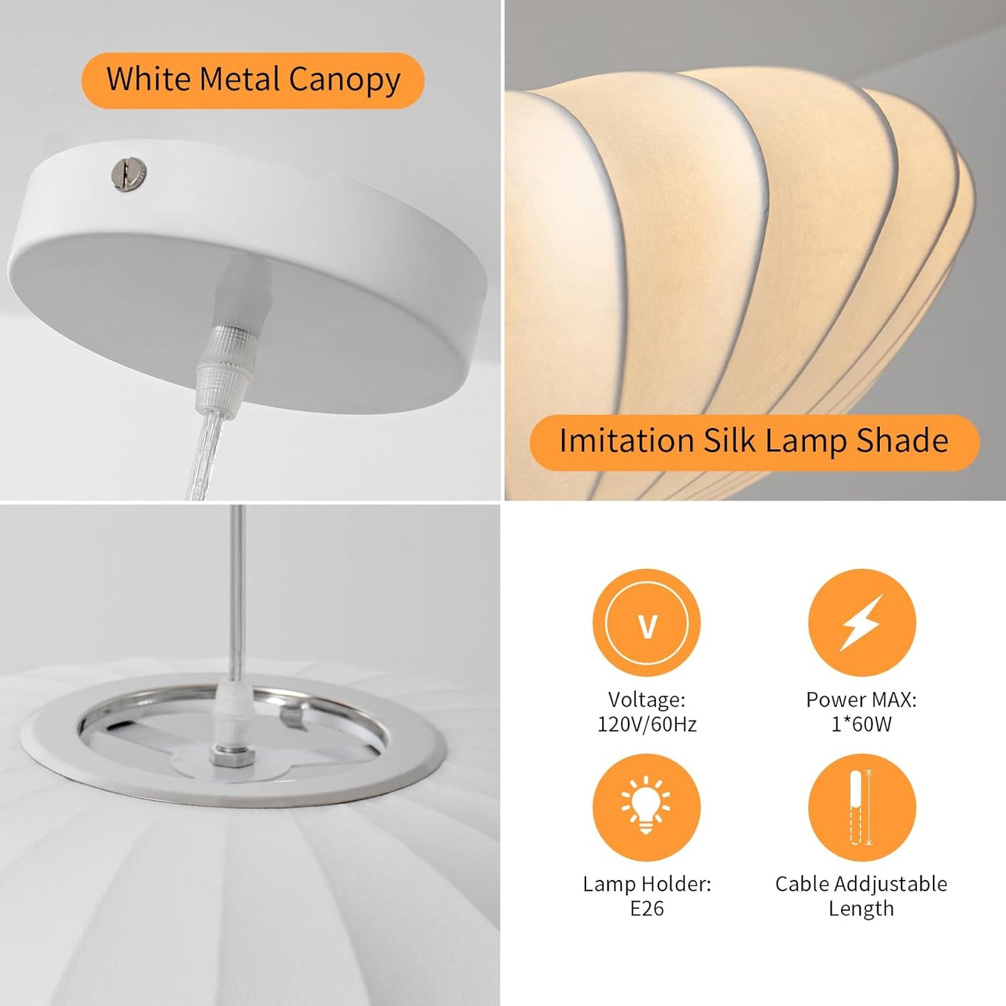 23.6 Inch Large White Silk Round Pendant Light Fixture Hanging Lamp for Kitchen Island, Bedroom, Dining Room, Ceiling Decor Chandeliers for Dining Room