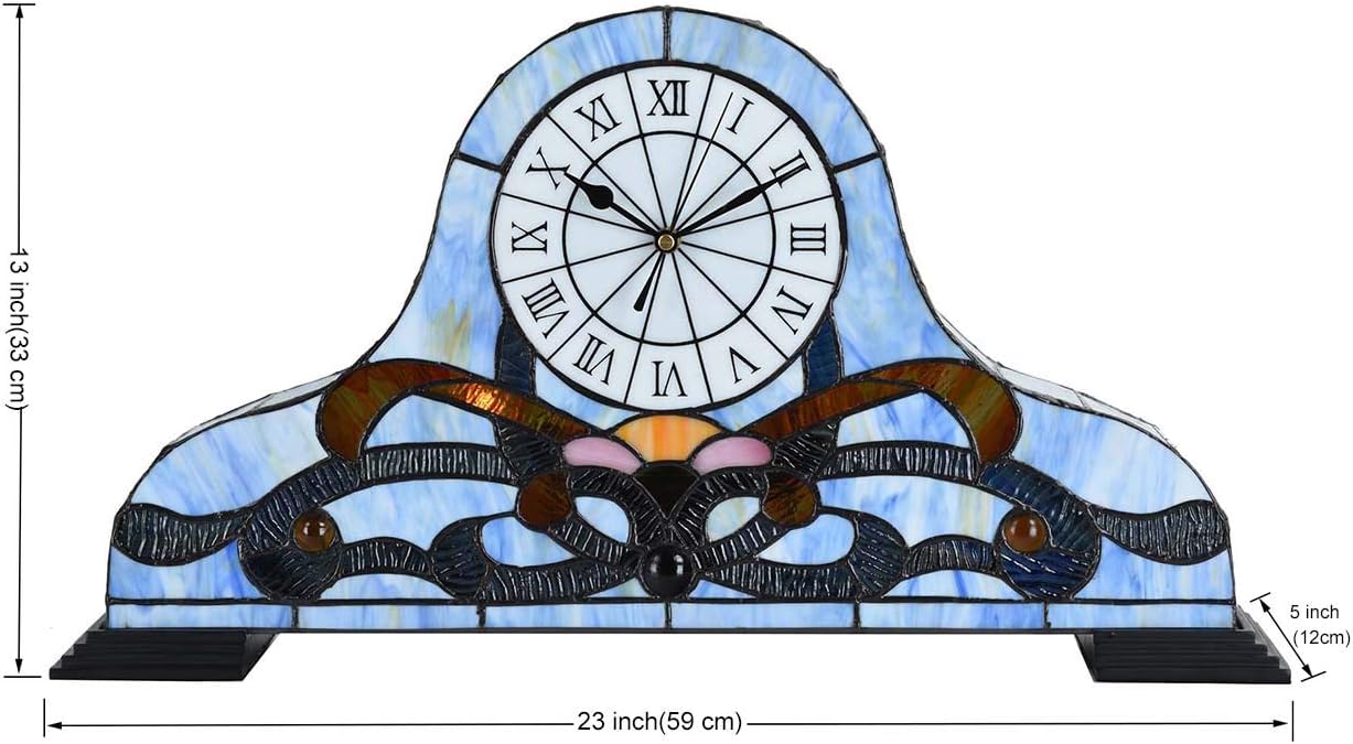 Bieye L10661 Baroque Desk Clock Tiffany Style Stained Glass Accent Table Lamp for Living Room Bedside Home Decoration, Night Light with Quartz Watch Inside (Blue)