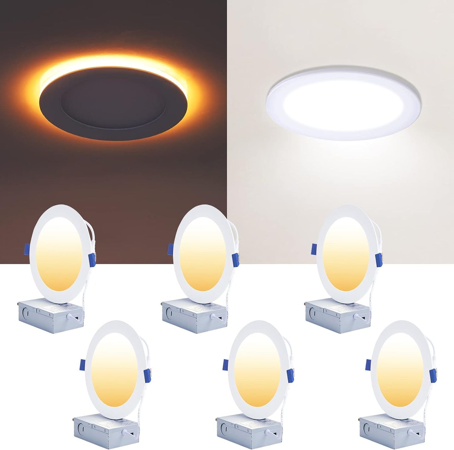 16 Pack Black Recessed Lights 4 Inch with Night Light, Canless Ultra Thin Wafer Soffit Downlight with Junction Box, Dimmable & 5 Color Selectable, 9W, ETL & Energy Star