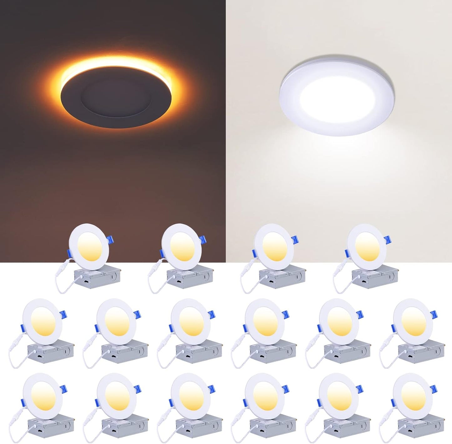 16 Pack Black Recessed Lights 4 Inch with Night Light, Canless Ultra Thin Wafer Soffit Downlight with Junction Box, Dimmable & 5 Color Selectable, 9W, ETL & Energy Star
