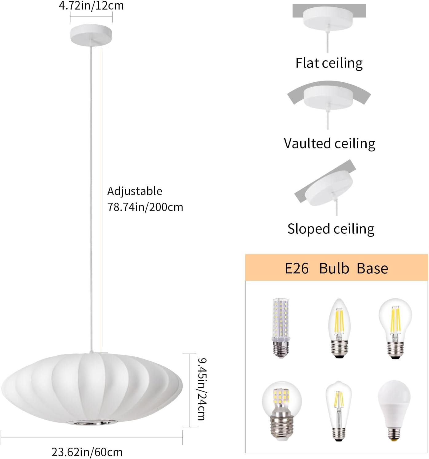23.6 Inch Large White Silk Round Pendant Light Fixture Hanging Lamp for Kitchen Island, Bedroom, Dining Room, Ceiling Decor Chandeliers for Dining Room