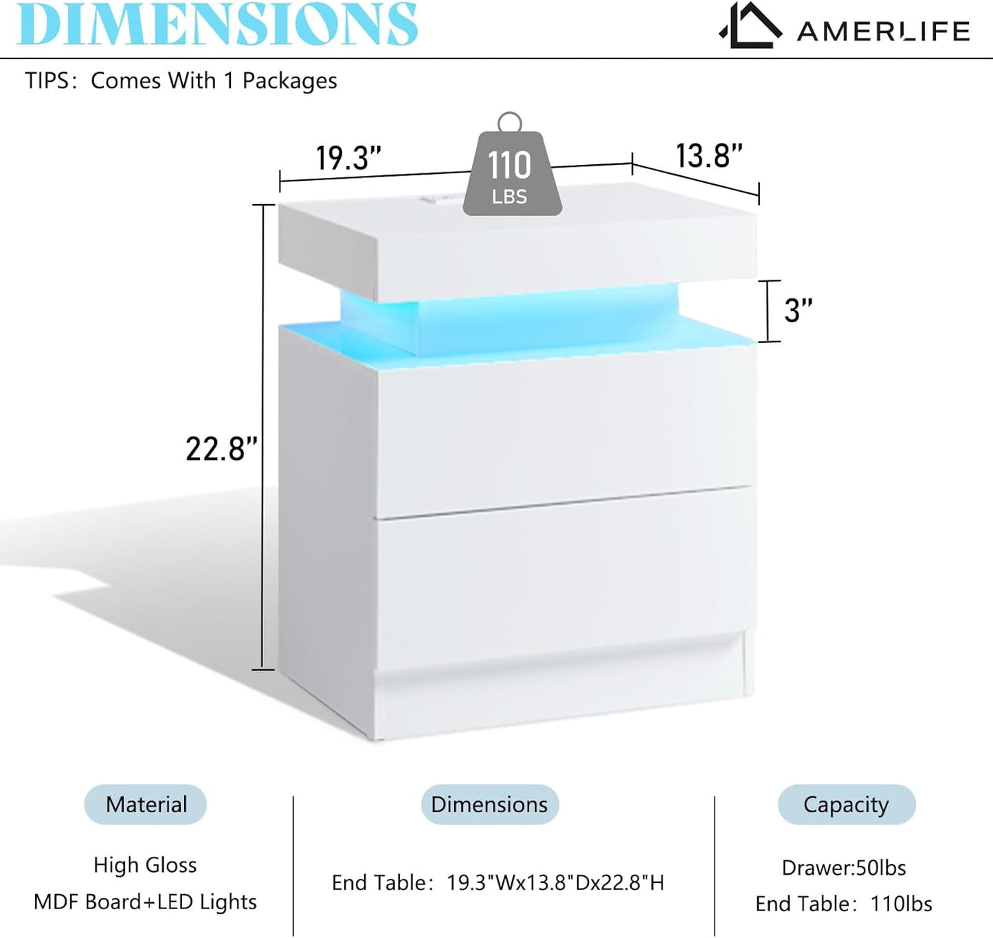 AMERLIFE High Gloss LED Nightstand Set of 2 with Charging Station, Modern Bedside Table Night Stand with LED Lights, Sofa End Side Tables with Drawers for Bedroom Living Room, White