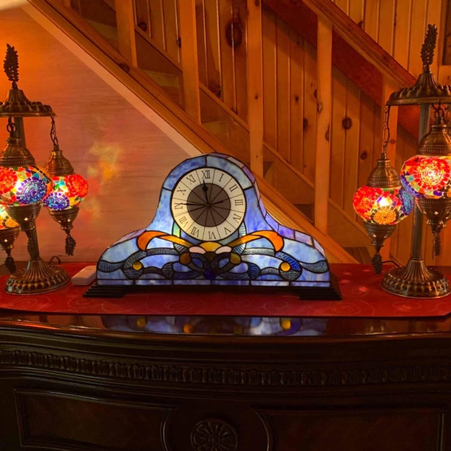 Bieye L10661 Baroque Desk Clock Tiffany Style Stained Glass Accent Table Lamp for Living Room Bedside Home Decoration, Night Light with Quartz Watch Inside (Blue)