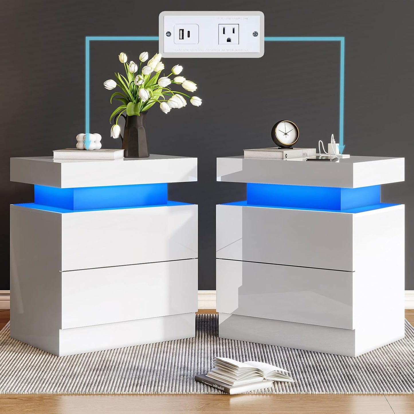 AMERLIFE High Gloss LED Nightstand Set of 2 with Charging Station, Modern Bedside Table Night Stand with LED Lights, Sofa End Side Tables with Drawers for Bedroom Living Room, White