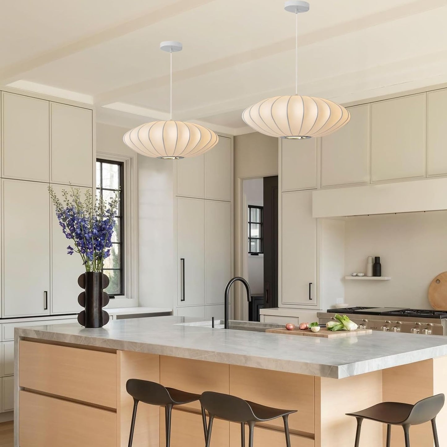 23.6 Inch Large White Silk Round Pendant Light Fixture Hanging Lamp for Kitchen Island, Bedroom, Dining Room, Ceiling Decor Chandeliers for Dining Room