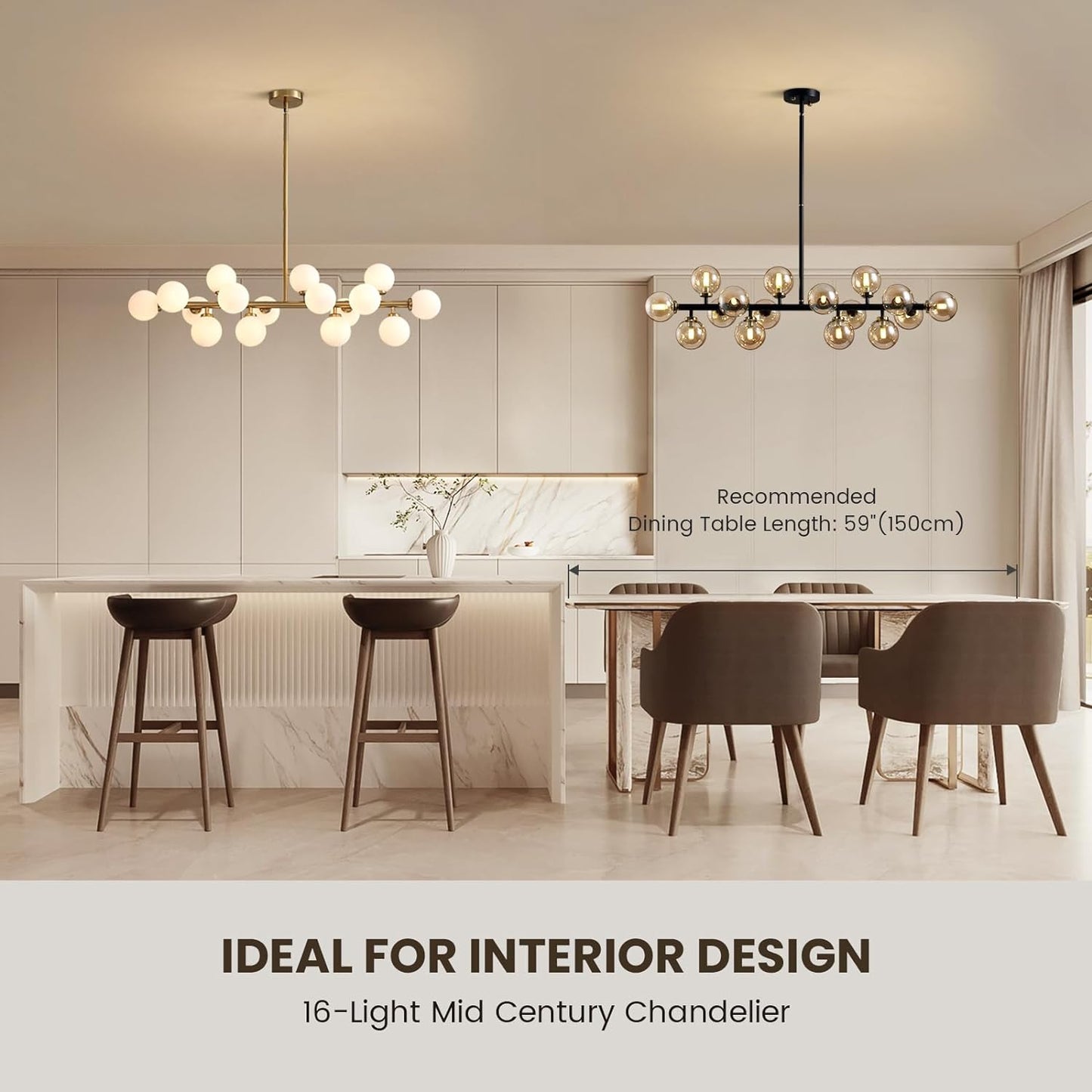 Mid Century Modern Chandeliers for Dining Room, 39" Linear Pendant Light Fixtures with Amber Glass Globe, 16-Light Sputnik Hanging Light for Living Room Kitchen Island
