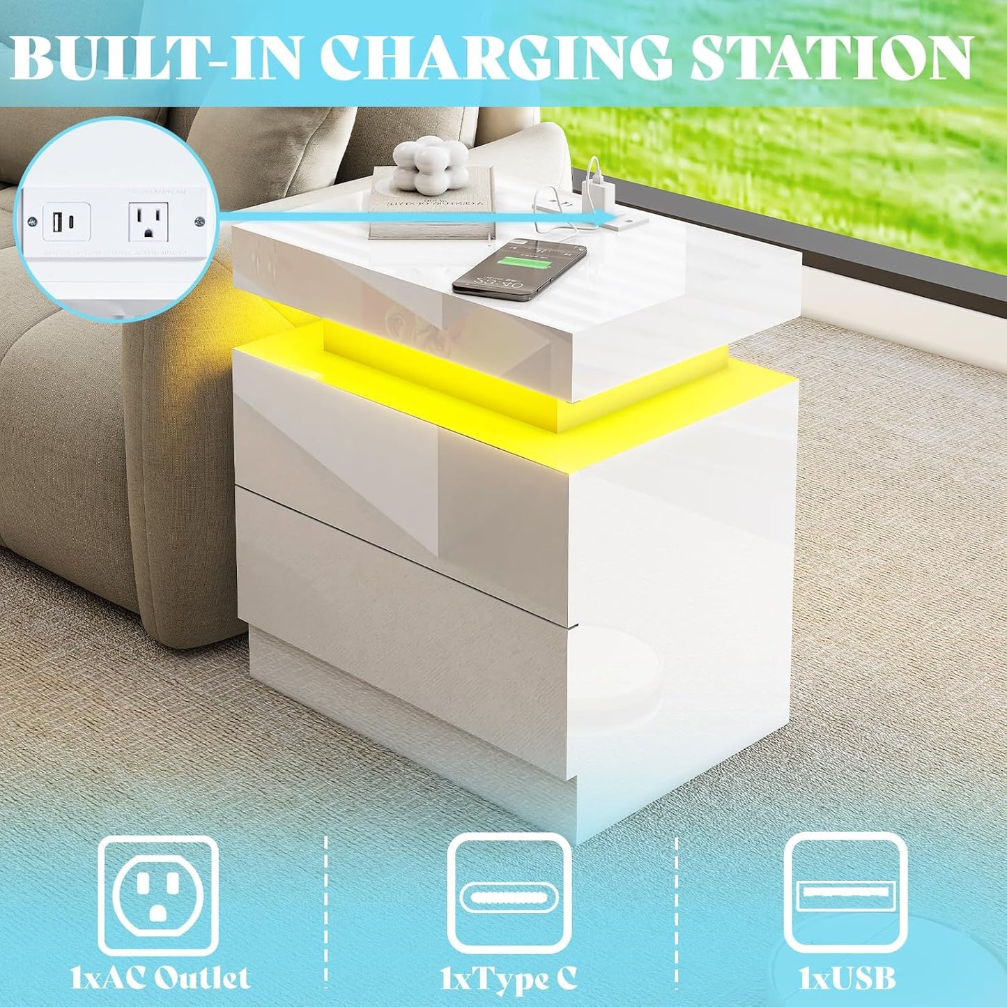 AMERLIFE High Gloss LED Nightstand Set of 2 with Charging Station, Modern Bedside Table Night Stand with LED Lights, Sofa End Side Tables with Drawers for Bedroom Living Room, White