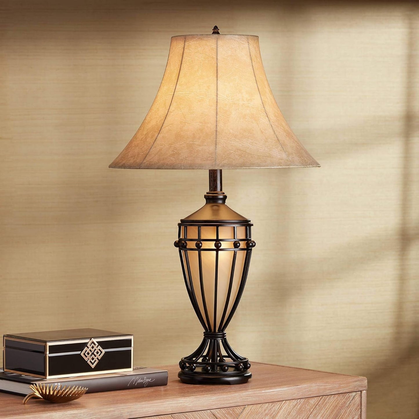 Franklin Iron Works Cardiff Traditional Table Lamp 33" Tall with Night Light Brushed Iron Cage Champagne Urn Glass Beige Bell Flared Shade for Bedroom Living Room House Bedside Nightstand Office