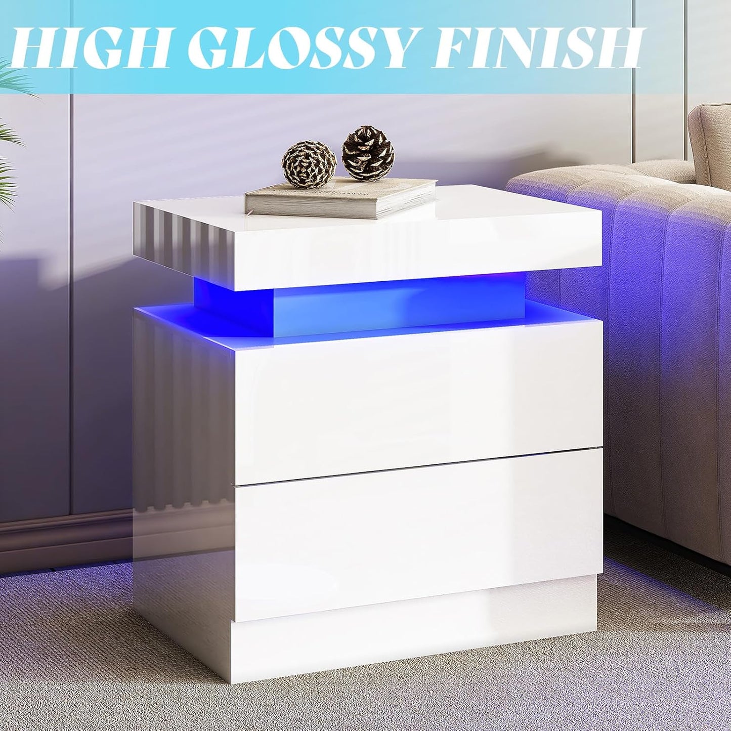 AMERLIFE High Gloss LED Nightstand Set of 2 with Charging Station, Modern Bedside Table Night Stand with LED Lights, Sofa End Side Tables with Drawers for Bedroom Living Room, White