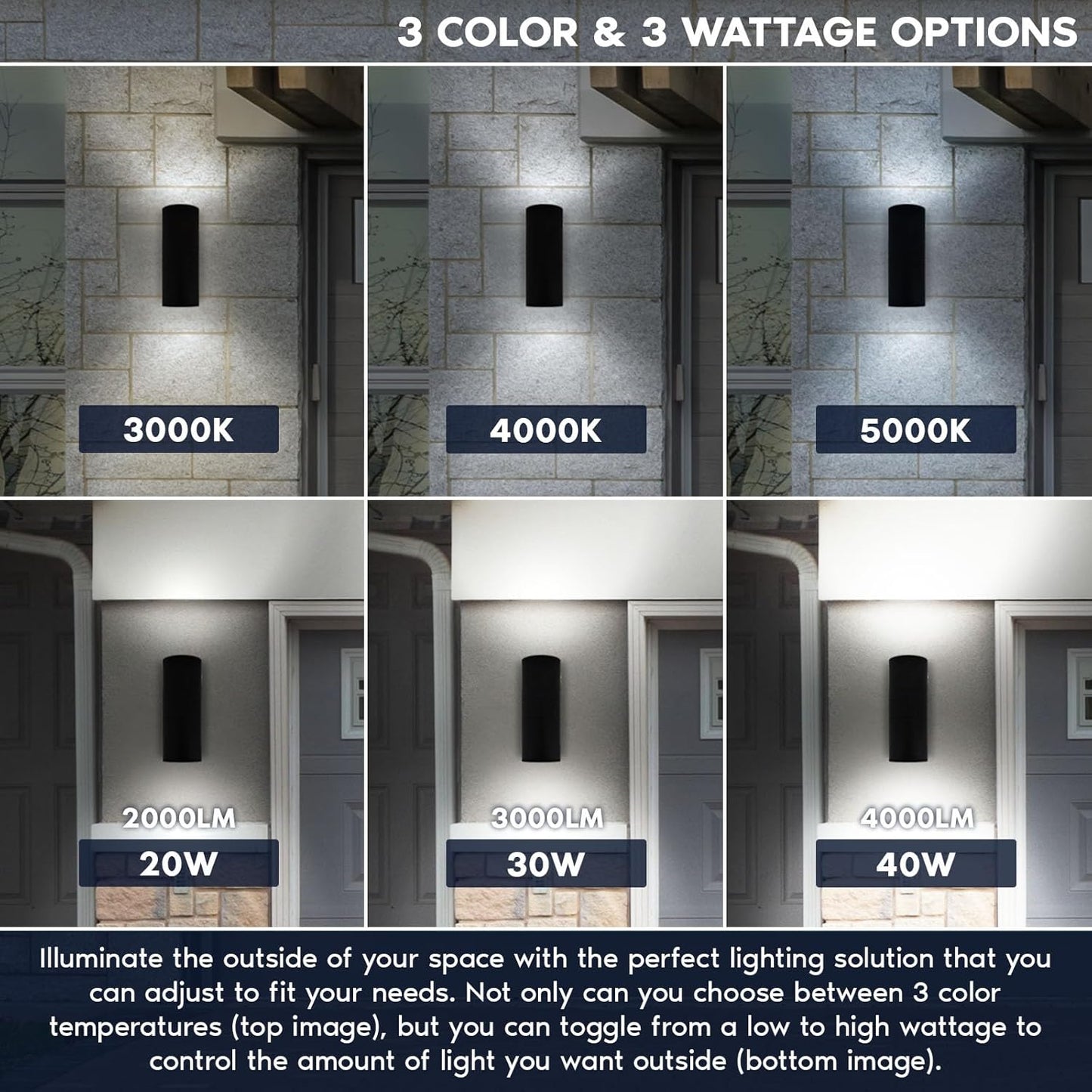 LUXRITE Dusk to Dawn LED Modern Outdoor Wall Lights, 18", Up or Up and Down Light, 3CCT 3000K-5000K, Waterproof Cylinder Wall Sconce, 20/30/40W, Dimmable, IP65, ETL - Porch Patio Garage (2 Pack)