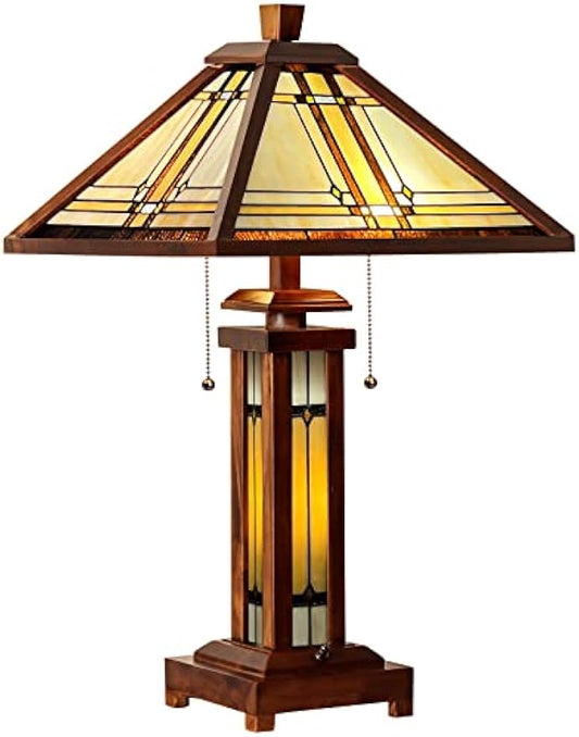 Capulina Tiffany Lamp Stained Glass Table Lamp, 3-Light with Night Light 15X15x26 Inches Cream Antique Wooden Base Tiffany Style Desk Lamp for Living Room Bedroom Home Office