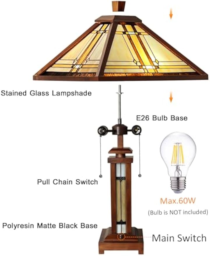 Capulina Tiffany Lamp Stained Glass Table Lamp, 3-Light with Night Light 15X15x26 Inches Cream Antique Wooden Base Tiffany Style Desk Lamp for Living Room Bedroom Home Office