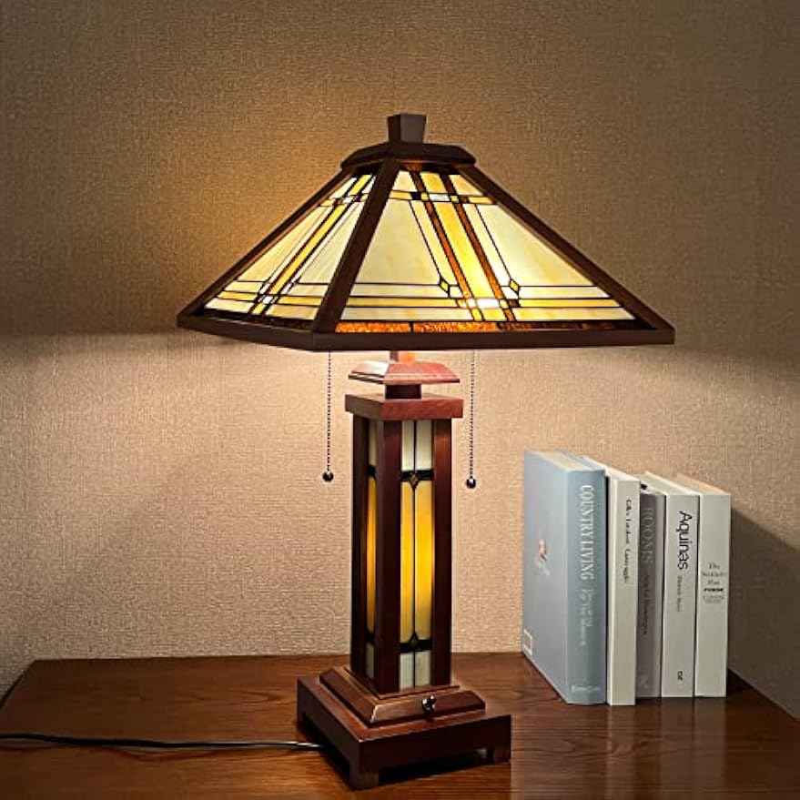 Capulina Tiffany Lamp Stained Glass Table Lamp, 3-Light with Night Light 15X15x26 Inches Cream Antique Wooden Base Tiffany Style Desk Lamp for Living Room Bedroom Home Office
