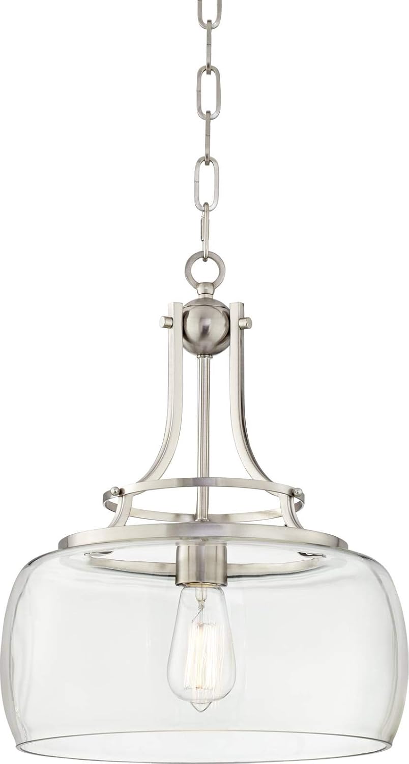 Franklin Iron Works Pendant Light Fixture - Charleston Brushed Nickel, Clear Glass, Farmhouse Pendant Light for Kitchen Islands, Living Rooms, Dining Rooms, and Bedrooms - 13 1/2" Wide, 16" High