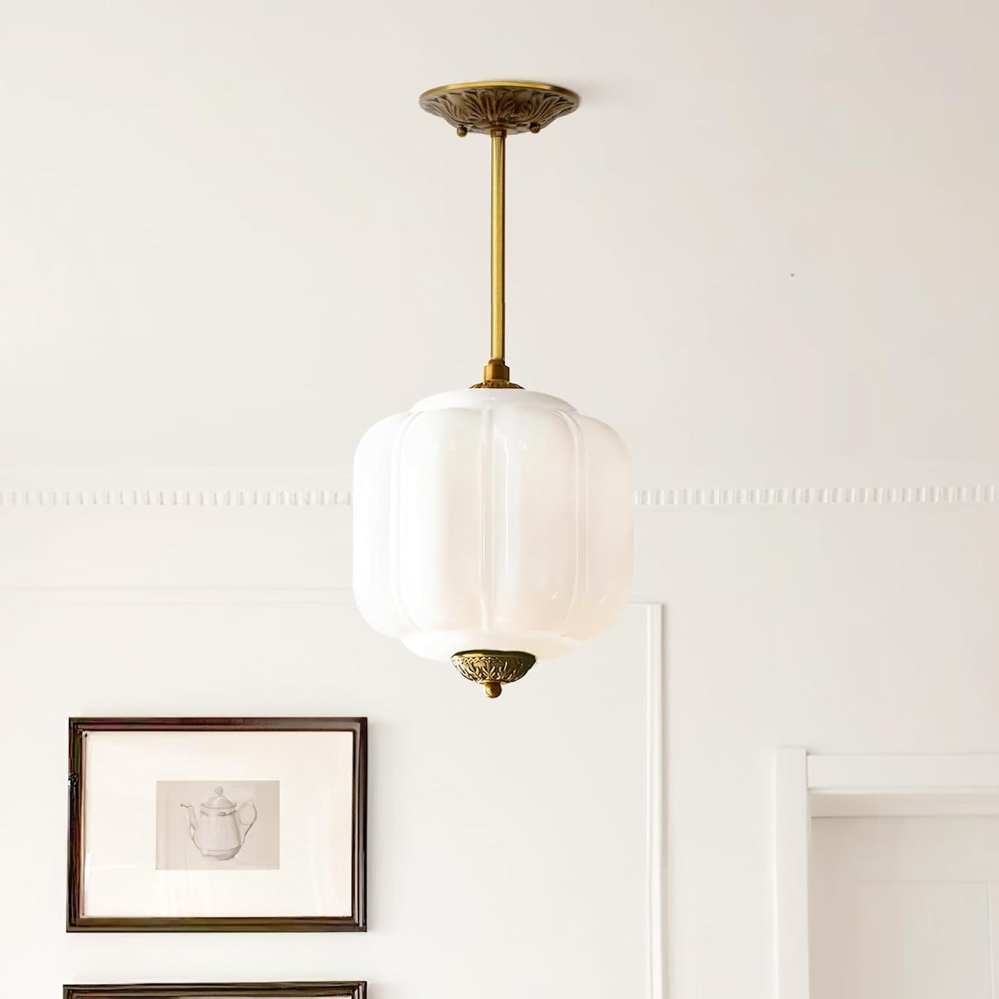 Milk Glass Ceiling Light Fixture - Antique Brass Semi Flush Mount Pendant Light for Kitchen, Hallway, and Bedroom (Green 15 inch)