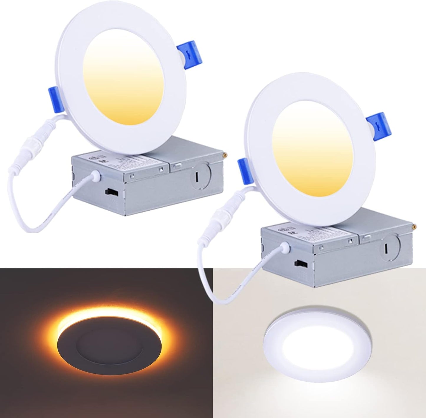 16 Pack Black Recessed Lights 4 Inch with Night Light, Canless Ultra Thin Wafer Soffit Downlight with Junction Box, Dimmable & 5 Color Selectable, 9W, ETL & Energy Star