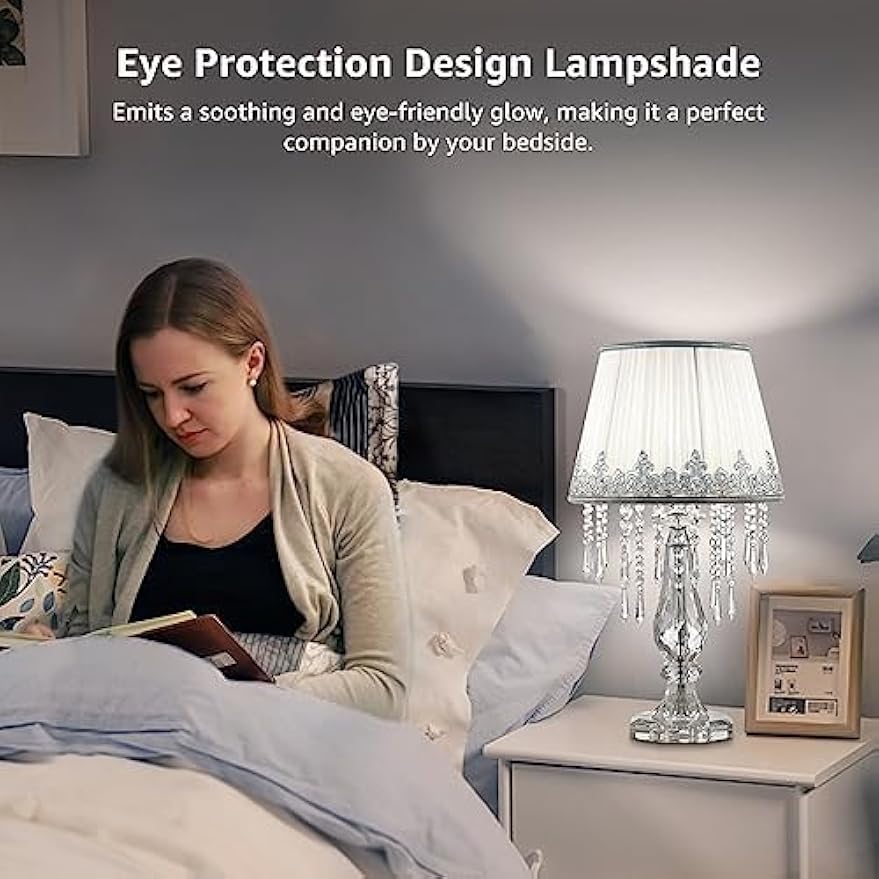 Moooni Modern Bedside Crystal Table Lamp with Ruched Fabric Lampshade Elegant Plug-in Crystal Chandelier Nightstand Lamp for Living Room Girls Room Set of 2 Lamp Dimmable W 12.8" X H 22.8"