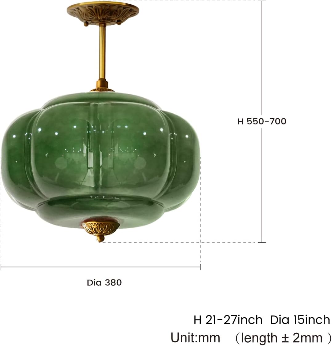 Milk Glass Ceiling Light Fixture - Antique Brass Semi Flush Mount Pendant Light for Kitchen, Hallway, and Bedroom (Green 15 inch)