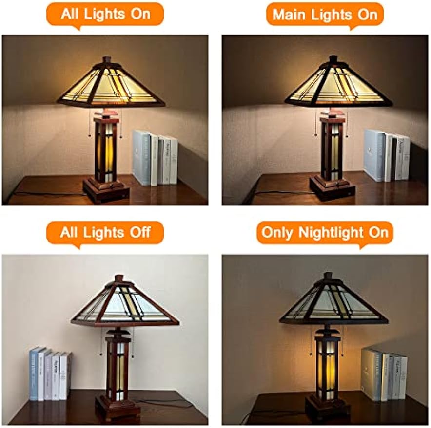 Capulina Tiffany Lamp Stained Glass Table Lamp, 3-Light with Night Light 15X15x26 Inches Cream Antique Wooden Base Tiffany Style Desk Lamp for Living Room Bedroom Home Office