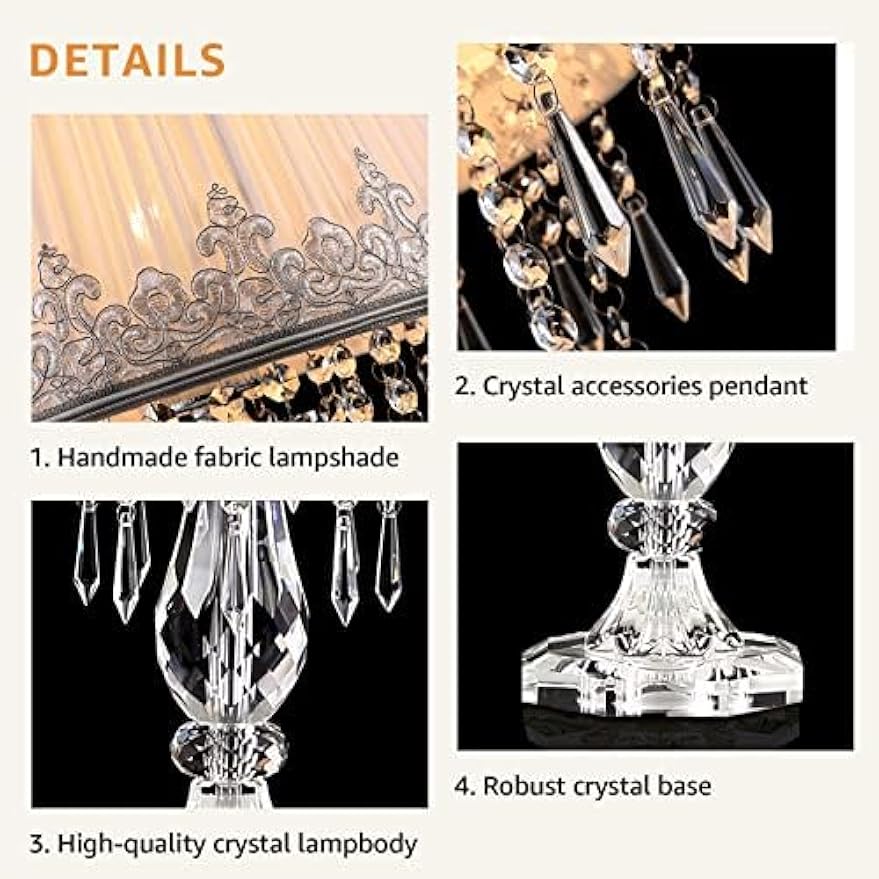 Moooni Modern Bedside Crystal Table Lamp with Ruched Fabric Lampshade Elegant Plug-in Crystal Chandelier Nightstand Lamp for Living Room Girls Room Set of 2 Lamp Dimmable W 12.8" X H 22.8"