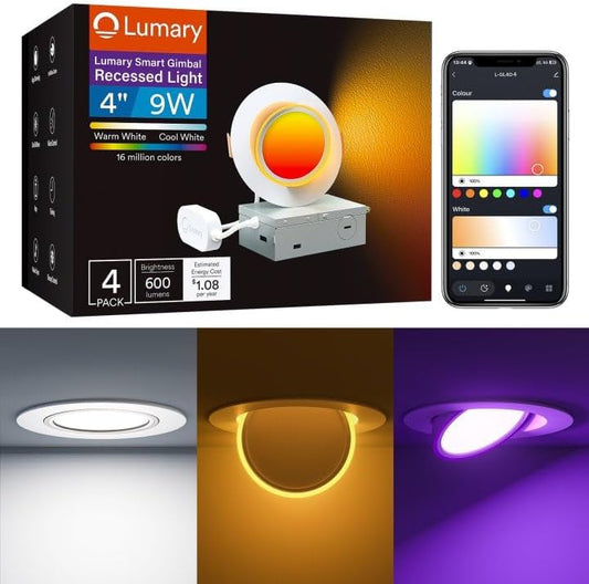 Lumary 4 Inch Smart Gimbal Recessed Lighting Ultra with 2200k Night Light，270°+90°Rotatable LED Recessed Lights, 9W 600LM Angled Adjustable LED Downlight, Works with Alexa & Google Assistant，4Pack