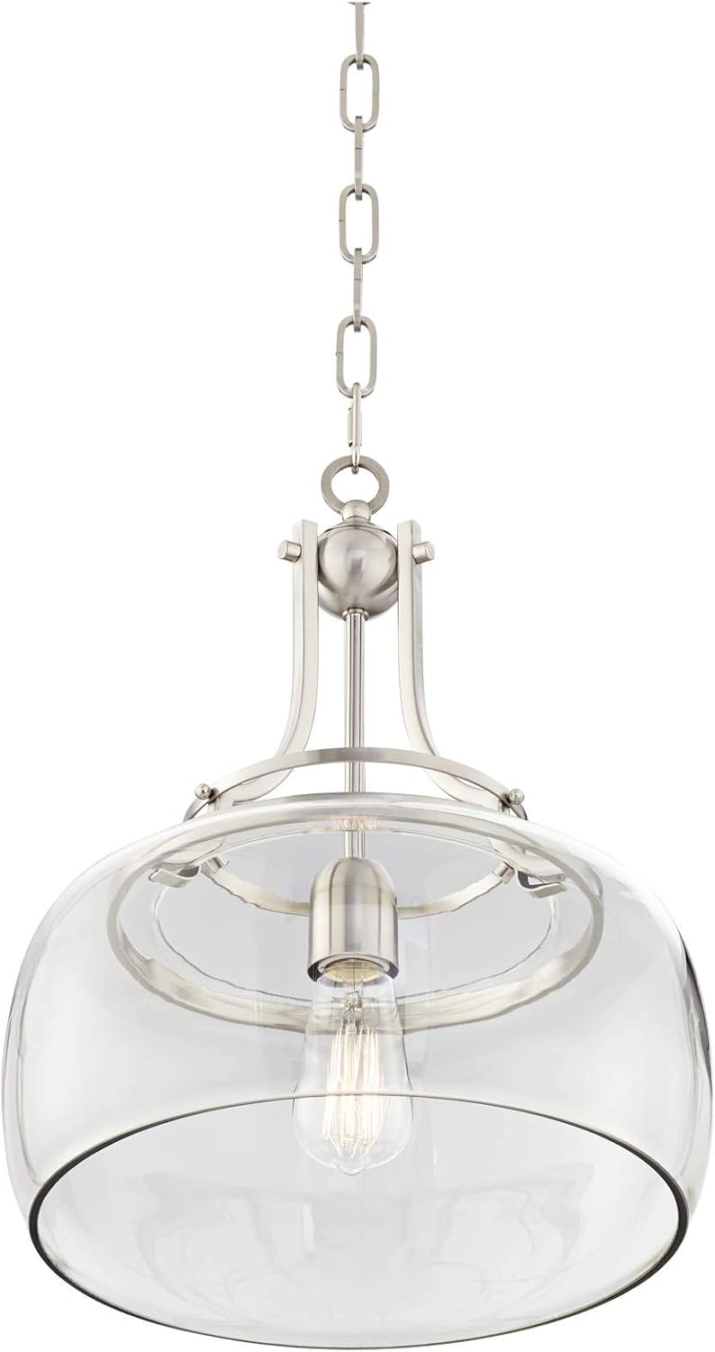 Franklin Iron Works Pendant Light Fixture - Charleston Brushed Nickel, Clear Glass, Farmhouse Pendant Light for Kitchen Islands, Living Rooms, Dining Rooms, and Bedrooms - 13 1/2" Wide, 16" High
