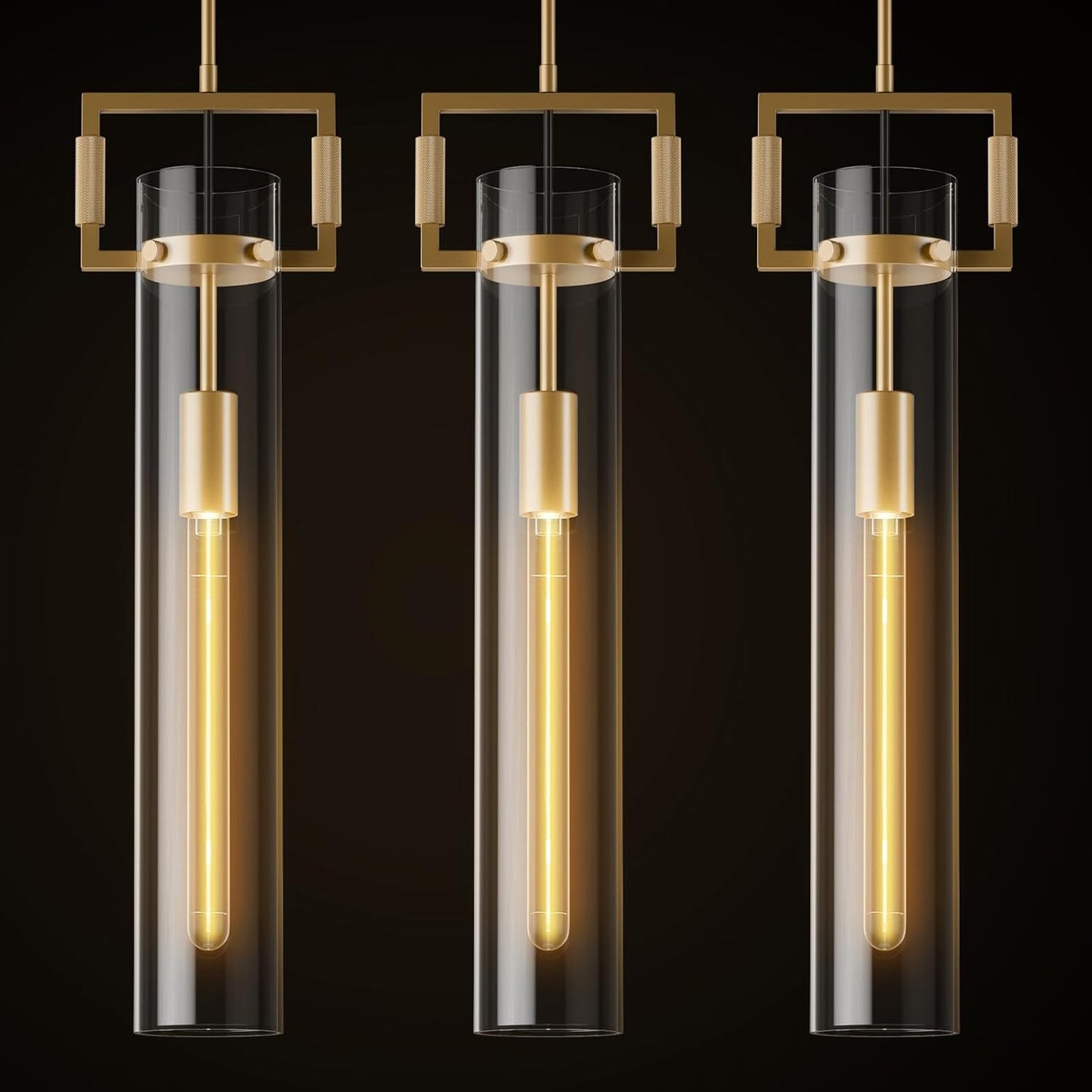 Modern Gold Pendant Light Fixture Set of 2-21.6 Inch Adjustable Hanging Chandelier with Glass Shade & Brass Finish, Large Farmhouse Island Lighting for Kitchen, Dining Room, Bathroom