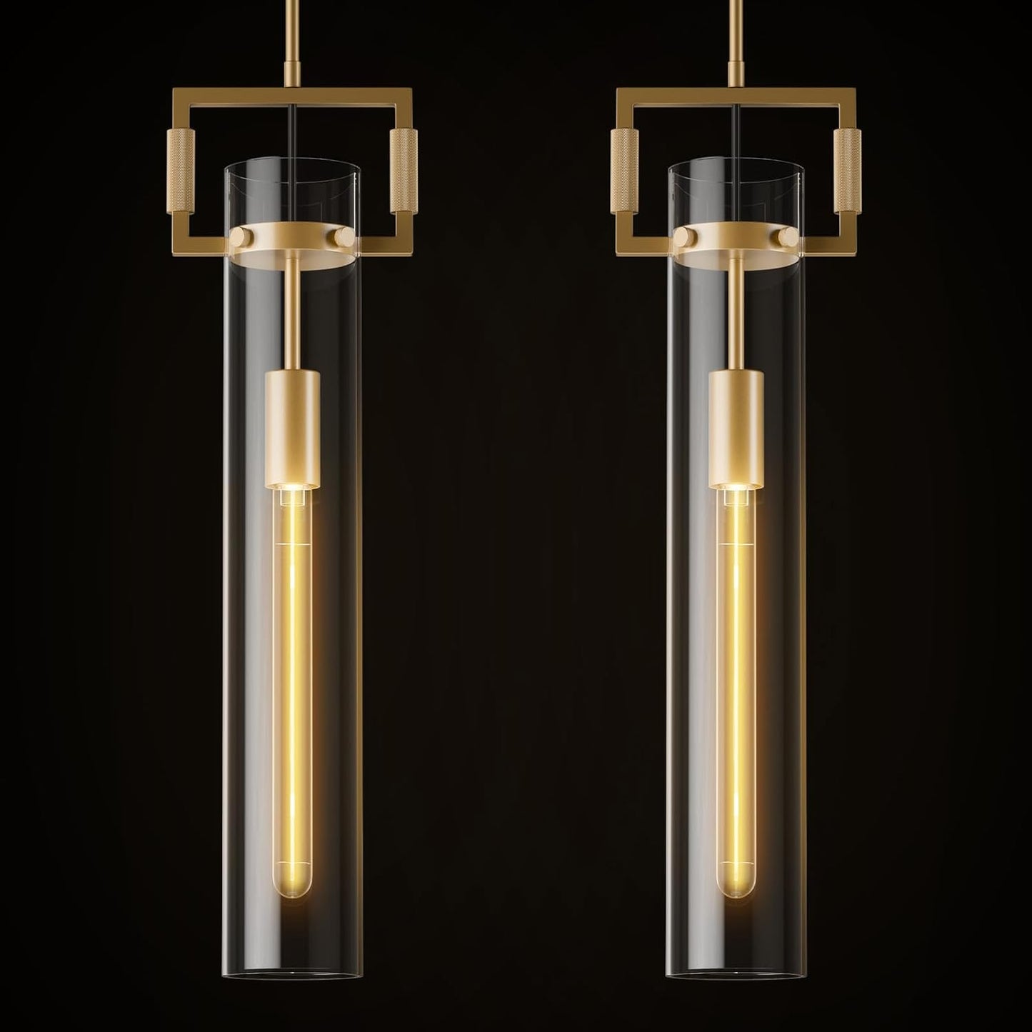 Modern Gold Pendant Light Fixture Set of 2-21.6 Inch Adjustable Hanging Chandelier with Glass Shade & Brass Finish, Large Farmhouse Island Lighting for Kitchen, Dining Room, Bathroom
