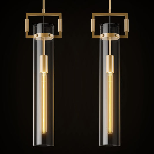 Modern Gold Pendant Light Fixture Set of 2-21.6 Inch Adjustable Hanging Chandelier with Glass Shade & Brass Finish, Large Farmhouse Island Lighting for Kitchen, Dining Room, Bathroom