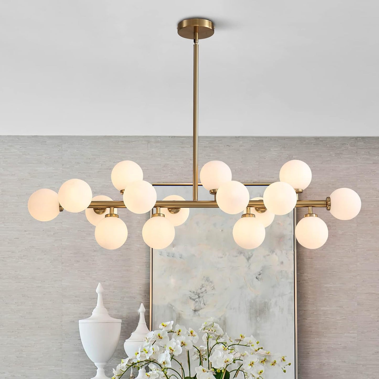 Mid Century Modern Chandeliers for Dining Room, 39" Linear Pendant Light Fixtures with Amber Glass Globe, 16-Light Sputnik Hanging Light for Living Room Kitchen Island