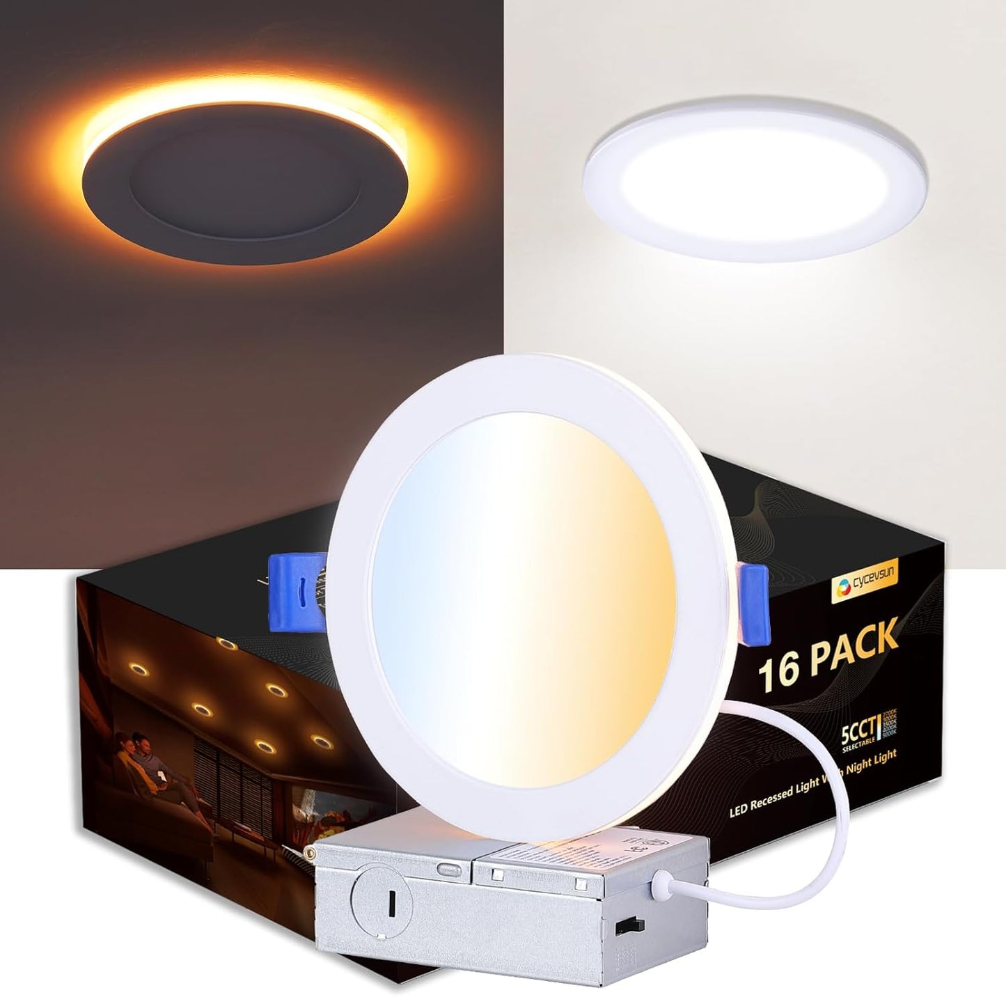 16 Pack Black Recessed Lights 4 Inch with Night Light, Canless Ultra Thin Wafer Soffit Downlight with Junction Box, Dimmable & 5 Color Selectable, 9W, ETL & Energy Star