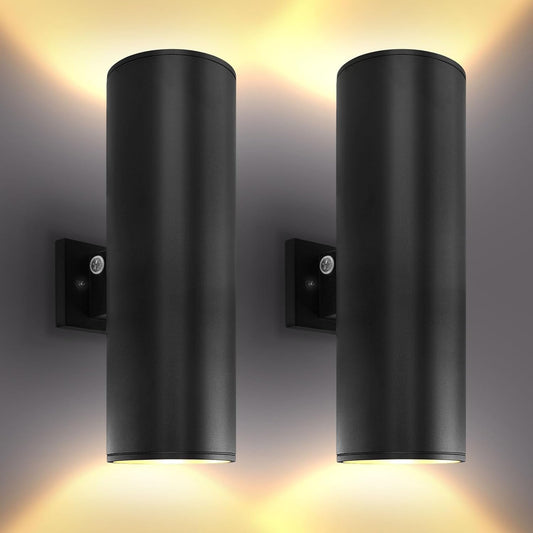 LUXRITE Dusk to Dawn LED Modern Outdoor Wall Lights, 18", Up or Up and Down Light, 3CCT 3000K-5000K, Waterproof Cylinder Wall Sconce, 20/30/40W, Dimmable, IP65, ETL - Porch Patio Garage (2 Pack)