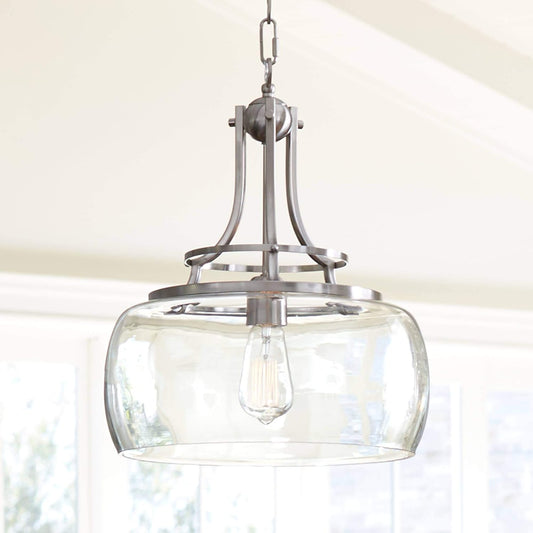Franklin Iron Works Pendant Light Fixture - Charleston Brushed Nickel, Clear Glass, Farmhouse Pendant Light for Kitchen Islands, Living Rooms, Dining Rooms, and Bedrooms - 13 1/2" Wide, 16" High
