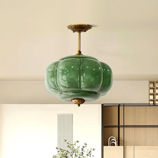 Milk Glass Ceiling Light Fixture - Antique Brass Semi Flush Mount Pendant Light for Kitchen, Hallway, and Bedroom (Green 15 inch)