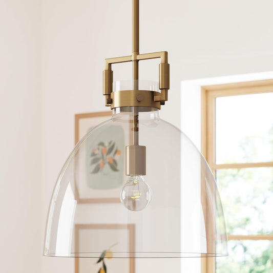 Nathan James Leigh Pendant Lighting, Hanging Ceiling Light with Oversized Glass Shade and Adjustable Cord, for Kitchen Island or Entryway, Vintage Brass/Clear, Set of 2