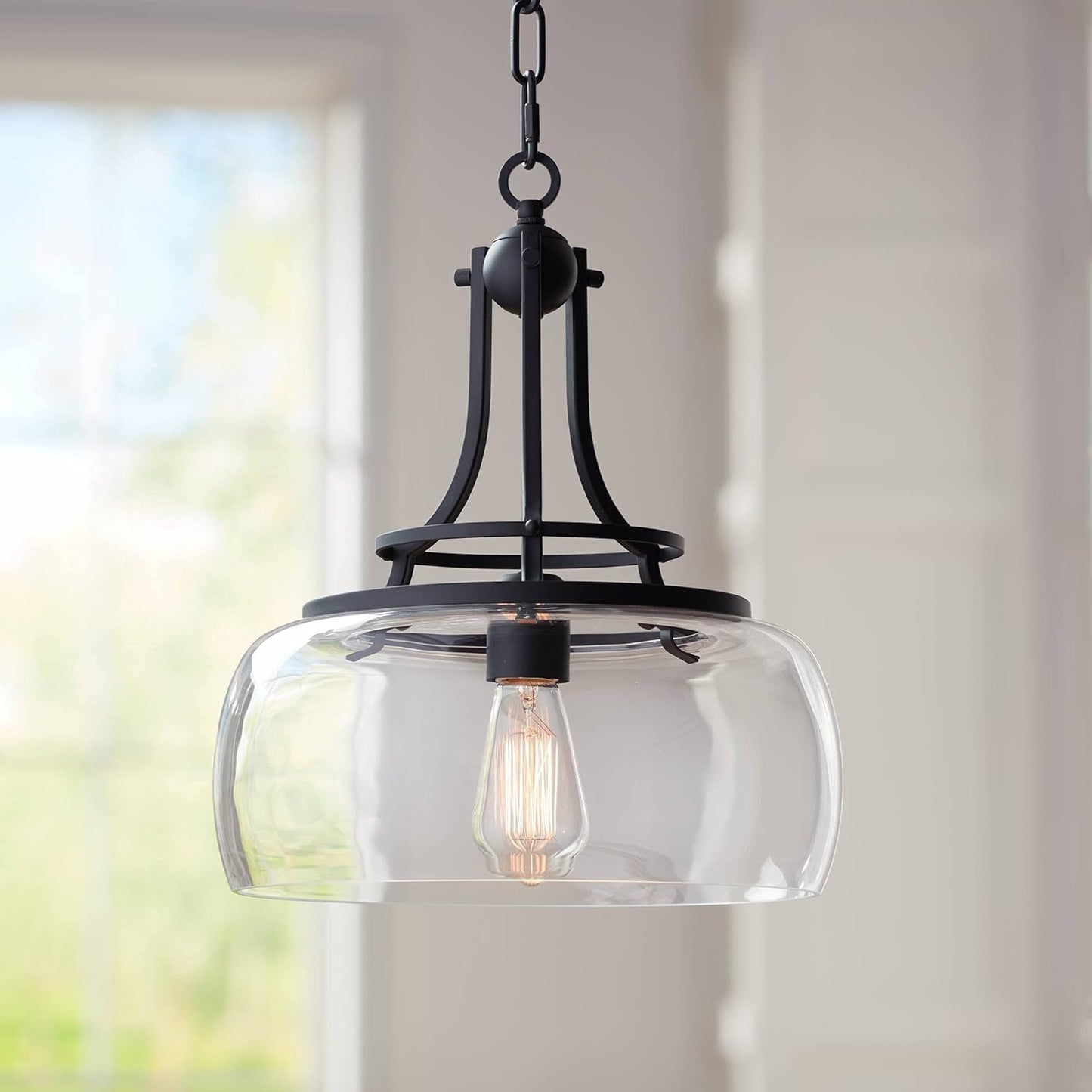 Franklin Iron Works Pendant Light Fixture - Charleston Brushed Nickel, Clear Glass, Farmhouse Pendant Light for Kitchen Islands, Living Rooms, Dining Rooms, and Bedrooms - 13 1/2" Wide, 16" High