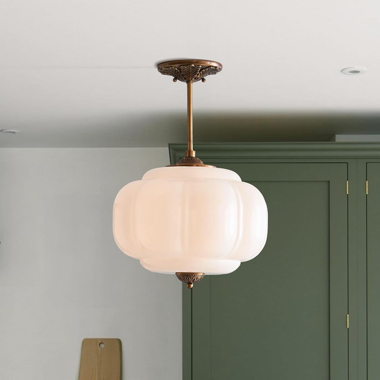 Milk Glass Ceiling Light Fixture - Antique Brass Semi Flush Mount Pendant Light for Kitchen, Hallway, and Bedroom (Green 15 inch)