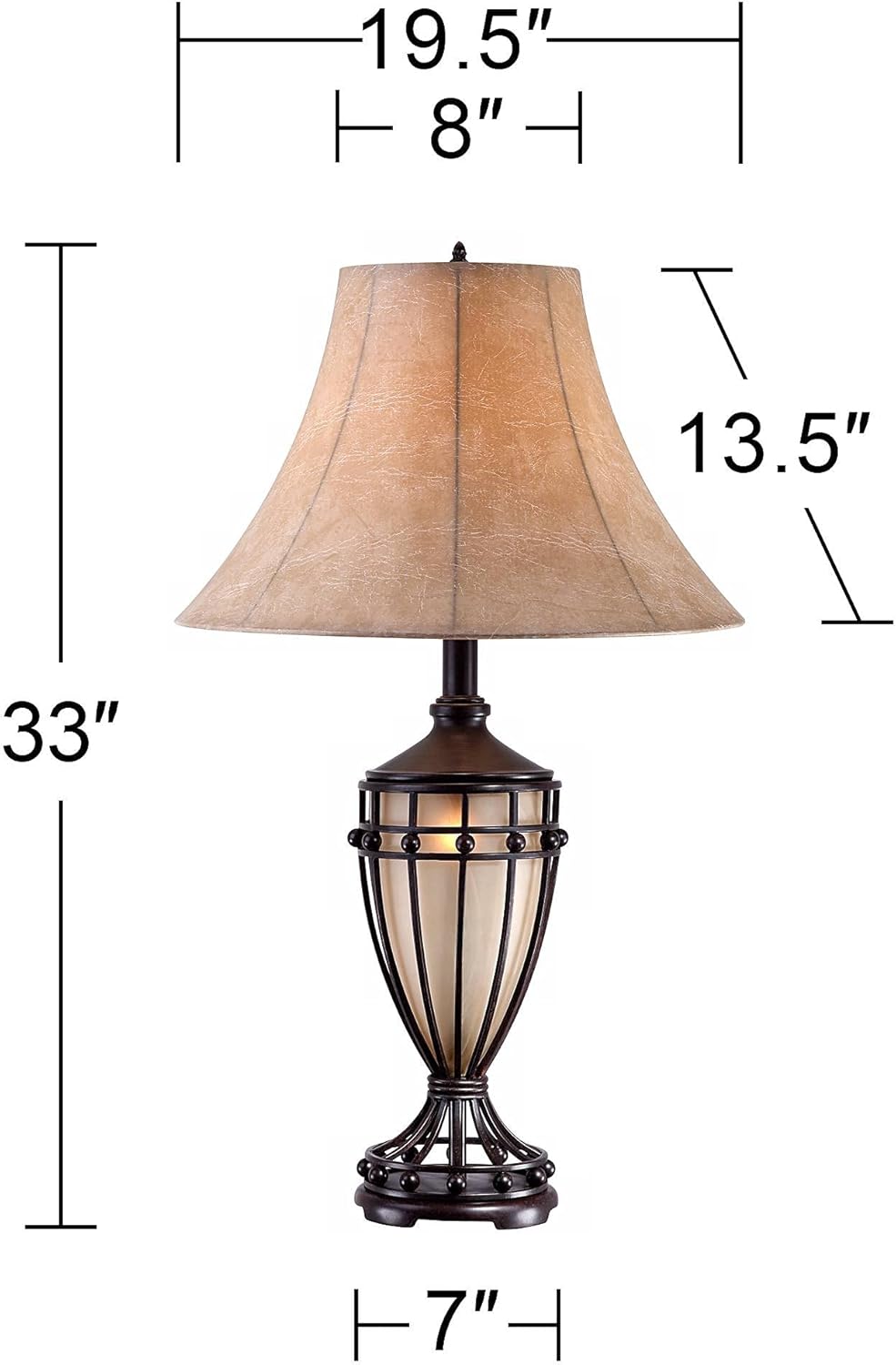 Franklin Iron Works Cardiff Traditional Table Lamp 33" Tall with Night Light Brushed Iron Cage Champagne Urn Glass Beige Bell Flared Shade for Bedroom Living Room House Bedside Nightstand Office