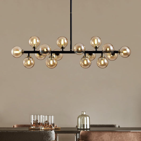 Mid Century Modern Chandeliers for Dining Room, 39" Linear Pendant Light Fixtures with Amber Glass Globe, 16-Light Sputnik Hanging Light for Living Room Kitchen Island