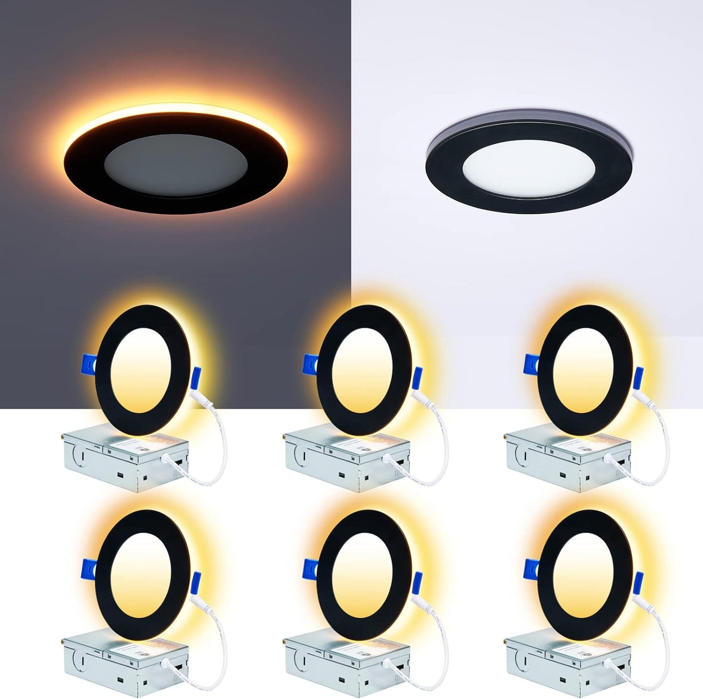 16 Pack Black Recessed Lights 4 Inch with Night Light, Canless Ultra Thin Wafer Soffit Downlight with Junction Box, Dimmable & 5 Color Selectable, 9W, ETL & Energy Star