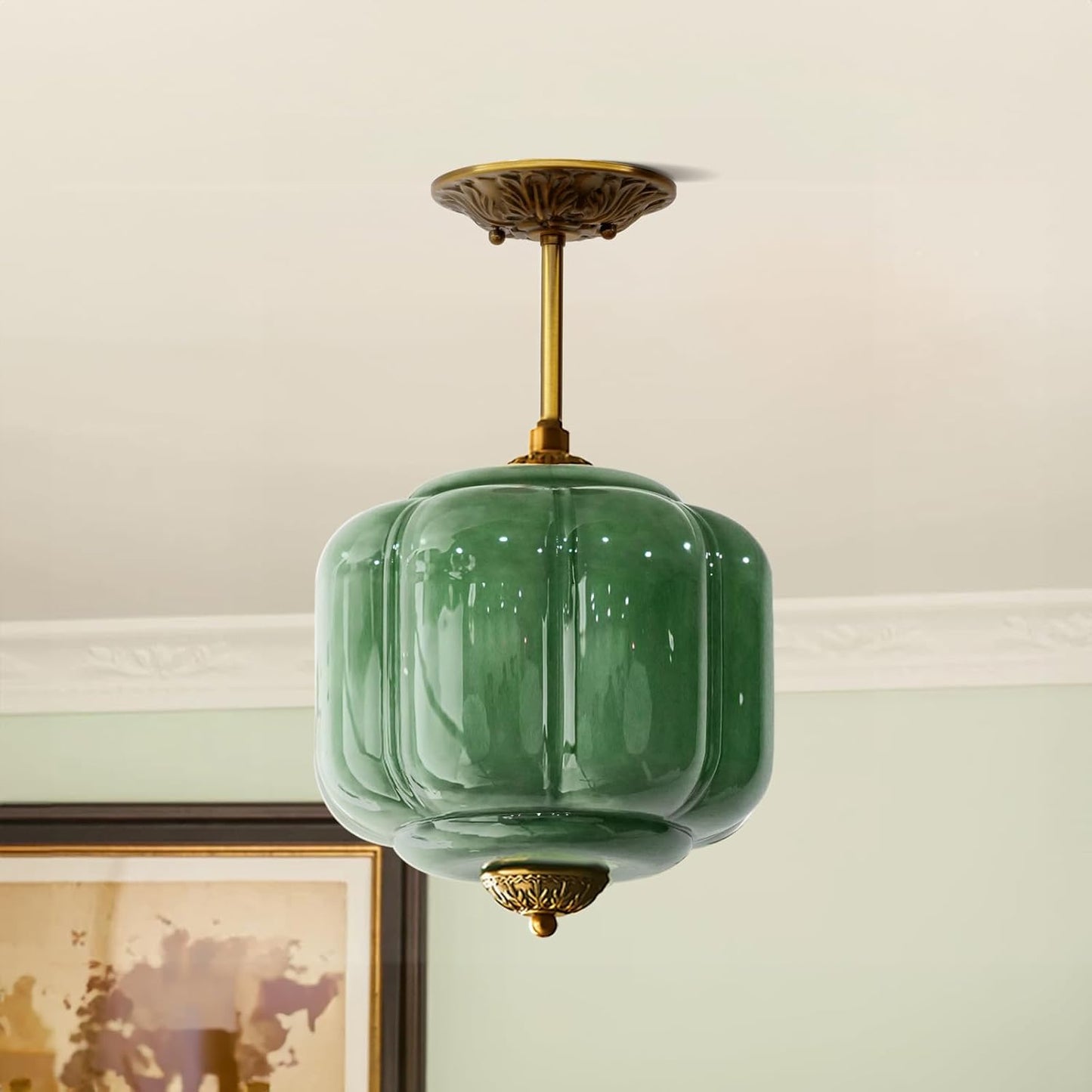 Milk Glass Ceiling Light Fixture - Antique Brass Semi Flush Mount Pendant Light for Kitchen, Hallway, and Bedroom (Green 15 inch)