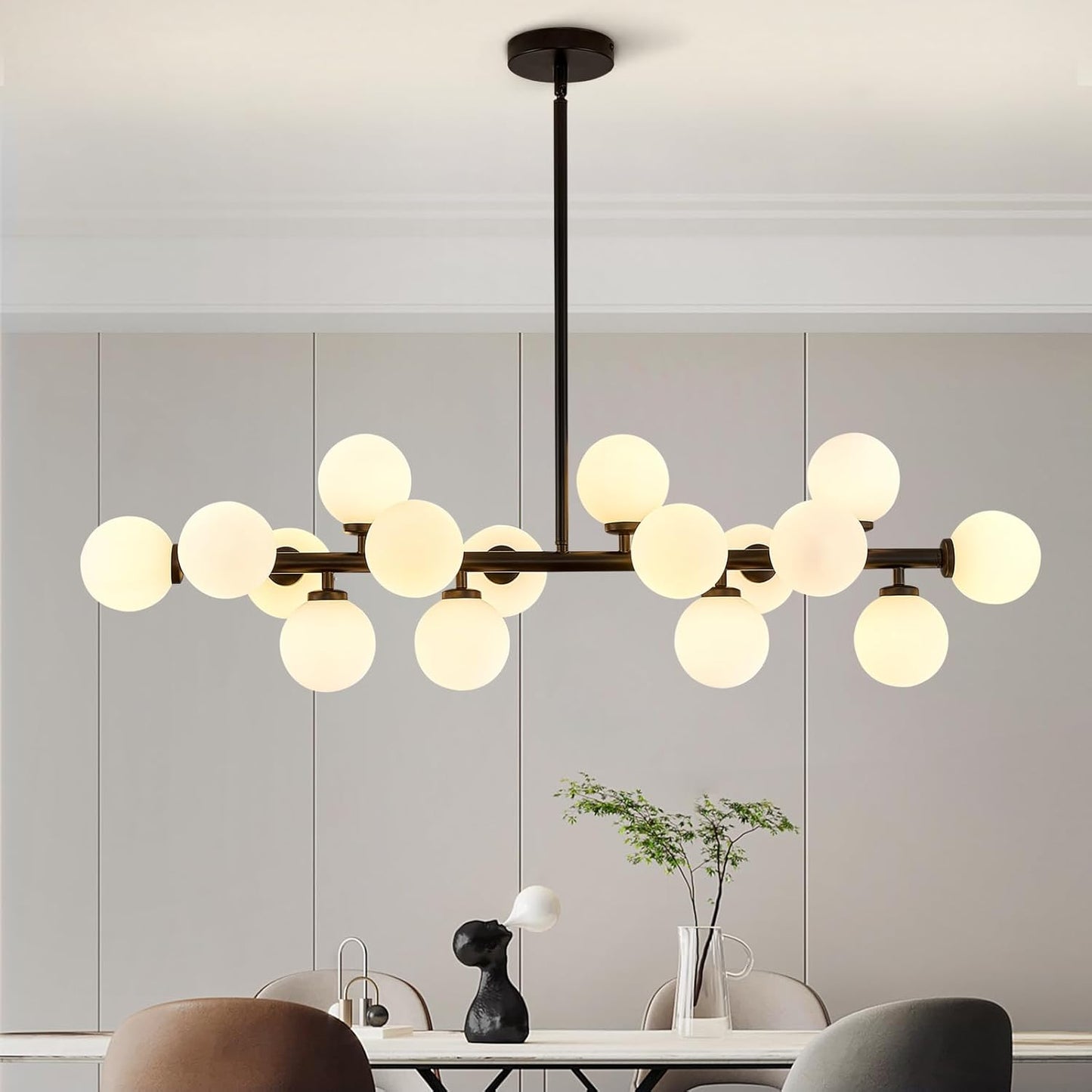 Mid Century Modern Chandeliers for Dining Room, 39" Linear Pendant Light Fixtures with Amber Glass Globe, 16-Light Sputnik Hanging Light for Living Room Kitchen Island