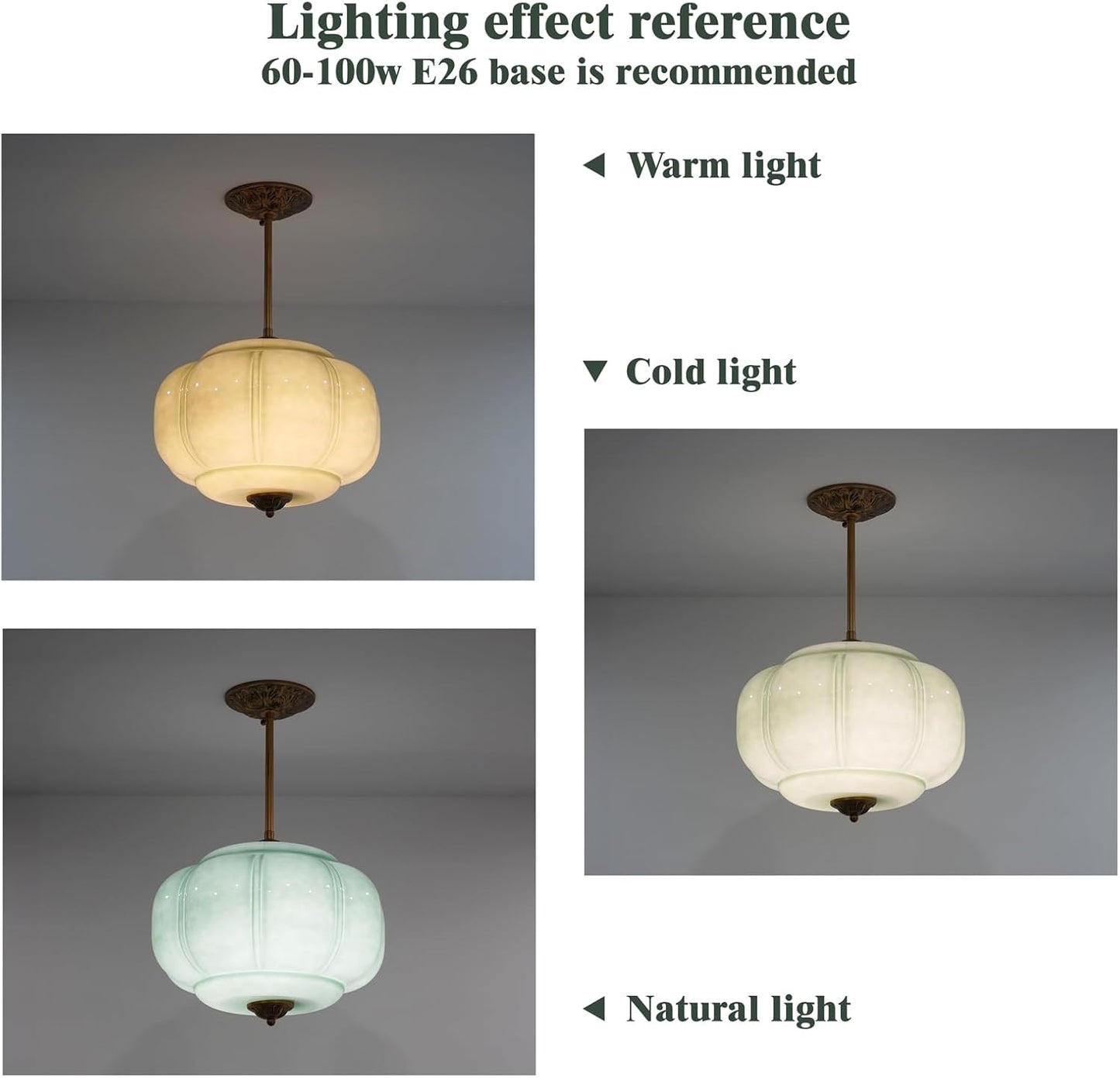 Milk Glass Ceiling Light Fixture - Antique Brass Semi Flush Mount Pendant Light for Kitchen, Hallway, and Bedroom (Green 15 inch)