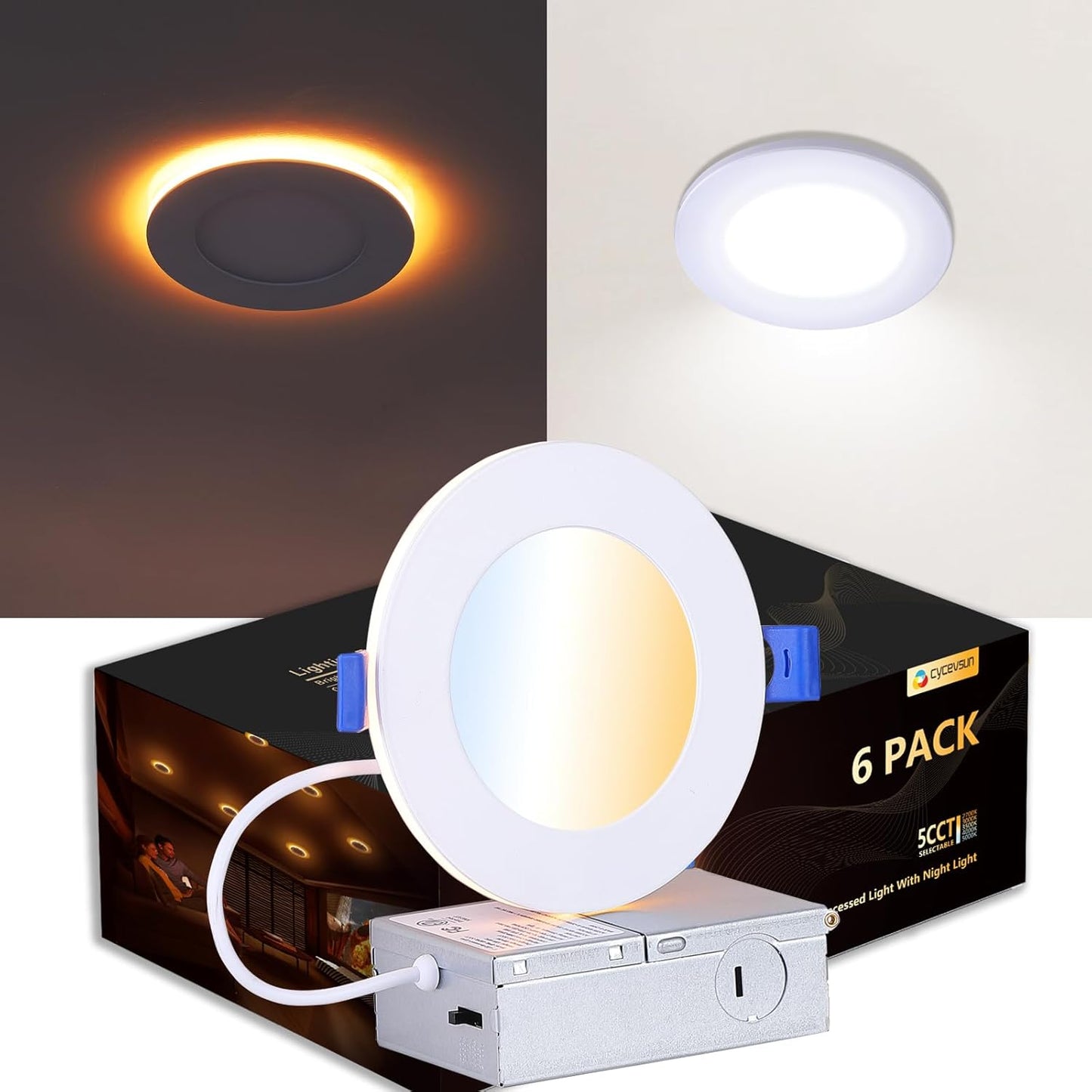 16 Pack Black Recessed Lights 4 Inch with Night Light, Canless Ultra Thin Wafer Soffit Downlight with Junction Box, Dimmable & 5 Color Selectable, 9W, ETL & Energy Star