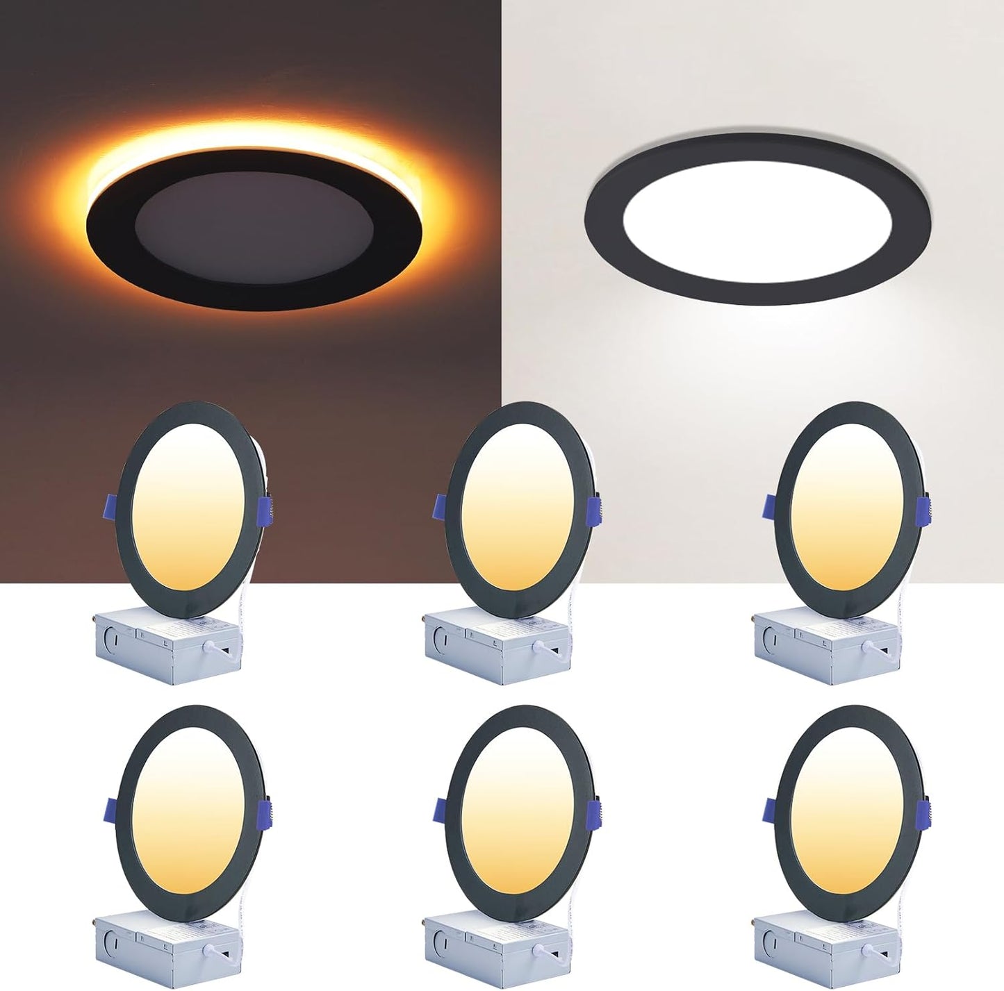 16 Pack Black Recessed Lights 4 Inch with Night Light, Canless Ultra Thin Wafer Soffit Downlight with Junction Box, Dimmable & 5 Color Selectable, 9W, ETL & Energy Star