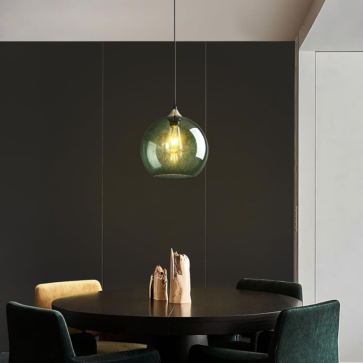Gray Green Glass Pendant Lights Kitchen Island Lighting Globe Pendant Light Fixtures Modern Pendant Lighting for Kitchen Island Bedroom Living Dining Room Light Fixture(9.84in, 3-Pack)
