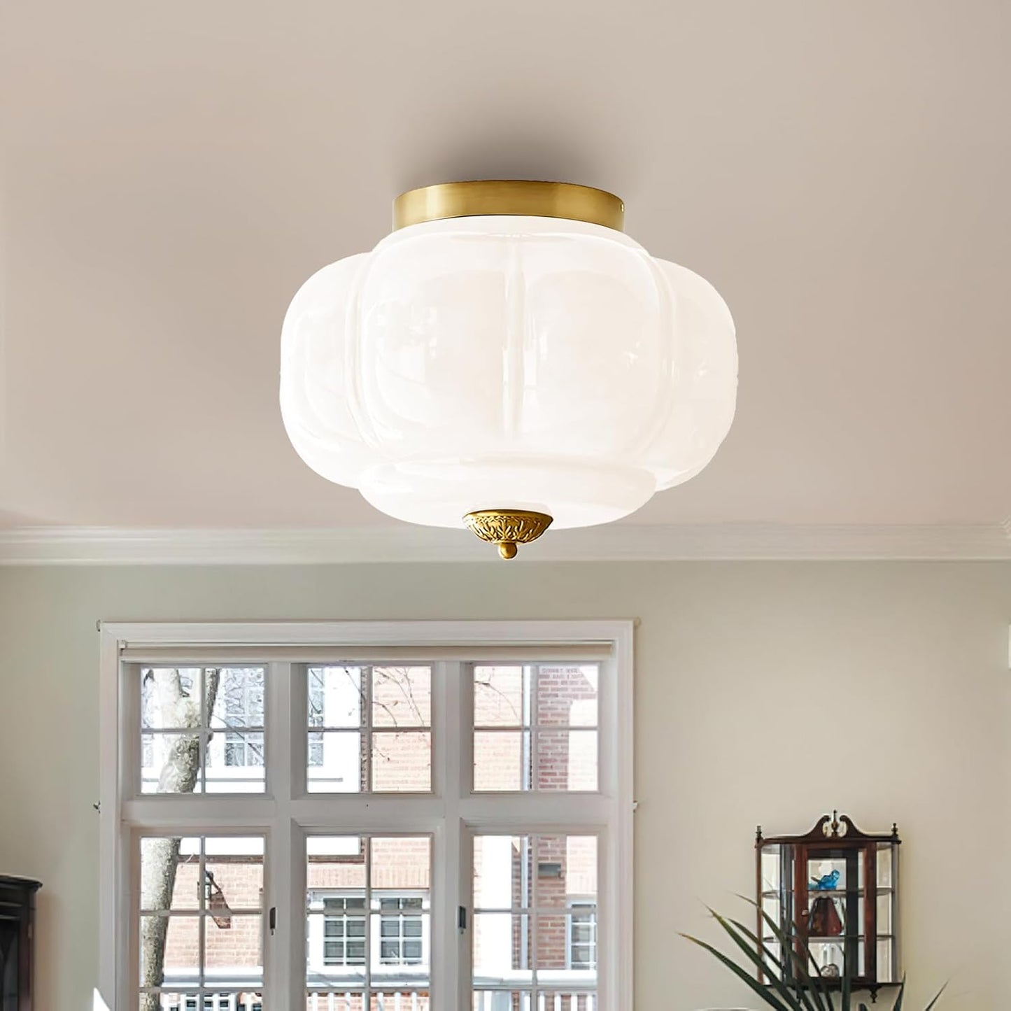 Milk Glass Ceiling Light Fixture - Antique Brass Semi Flush Mount Pendant Light for Kitchen, Hallway, and Bedroom (Green 15 inch)